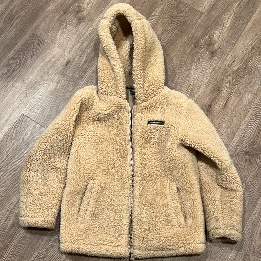Girls beige Eddie Bauer hooded Sherpa fleece jacket XS 5/6